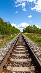 Train tracks receding into a sunny landscape, bordered by green trees and wildflowers