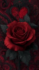 A vivid red rose against a deep black background, accented with elegant floral designs that add a touch of romance and sophistication.Romantic Elegance: Red Rose on Black with Floral Accents. Red Rose
