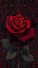 A vivid red rose against a deep black background, accented with elegant floral designs that add a touch of romance and sophistication.Romantic Elegance: Red Rose on Black with Floral Accents. Red Rose
