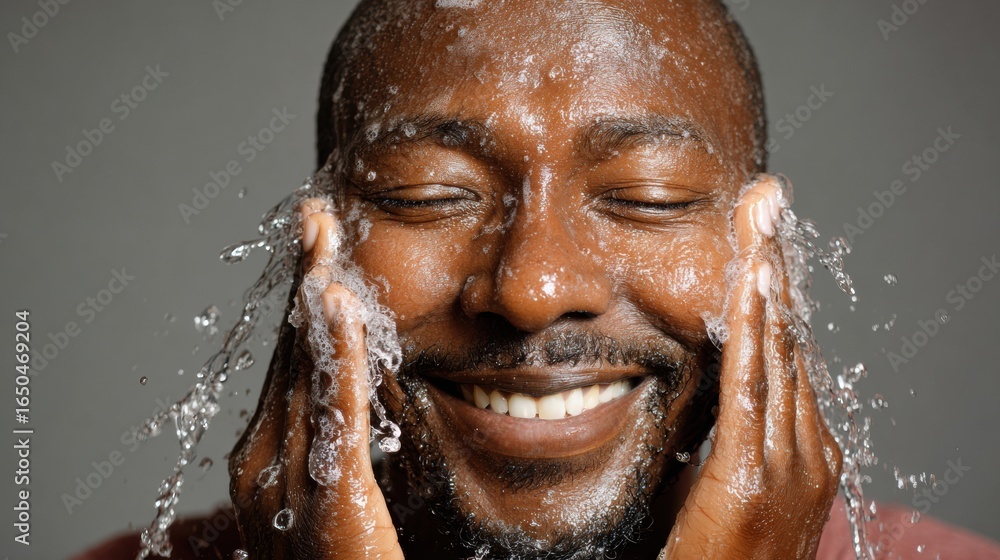 Poster man smiling while splashing water on his face, showcasing joy and refreshment during self-care routi