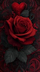 A vivid red rose against a deep black background, accented with elegant floral designs that add a touch of romance and sophistication.Romantic Elegance: Red Rose on Black with Floral Accents. Red Rose