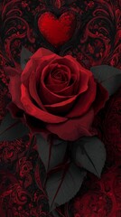A vivid red rose against a deep black background, accented with elegant floral designs that add a touch of romance and sophistication.Romantic Elegance: Red Rose on Black with Floral Accents. Red Rose