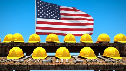 Proud American workers prepare for a project with safety helmets and tools displayed under a waving flag, symbolizing national pride and industry.