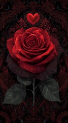 A vivid red rose against a deep black background, accented with elegant floral designs that add a touch of romance and sophistication.Romantic Elegance: Red Rose on Black with Floral Accents. Red Rose