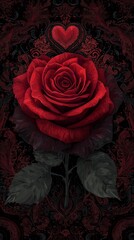 A vivid red rose against a deep black background, accented with elegant floral designs that add a touch of romance and sophistication.Romantic Elegance: Red Rose on Black with Floral Accents. Red Rose