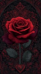 A vivid red rose against a deep black background, accented with elegant floral designs that add a touch of romance and sophistication.Romantic Elegance: Red Rose on Black with Floral Accents. Red Rose