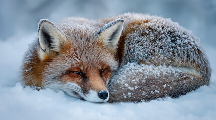 A fox curled up in the snow, its fur dusted with frost.