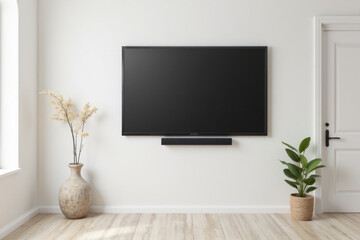 Mockup a TV wall mounted in a living room room with a white wall.3d rendering