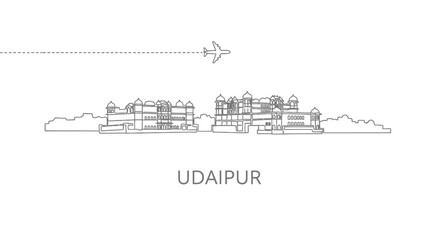 Udaipur Skyline Line Art with Plane Flying Over.