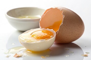 Freshly cracked eggs with one egg split open, showcasing a bright yolk, on a clean surface