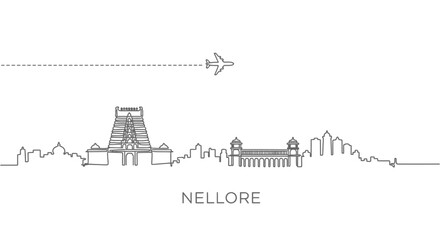 Fototapeta premium Nellore Skyline Outline with Airplane Flying.
