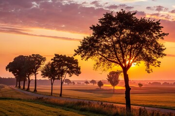 Fototapeta premium Serene sunset over a tree-lined road with vibrant colors and soft clouds in the background