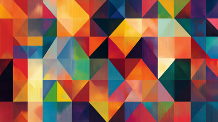 Vibrant geometric pattern of triangles and squares in various colors