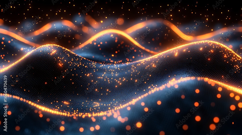 Aufkleber abstract glowing wave of particles with orange light and bokeh effect on a dark background.