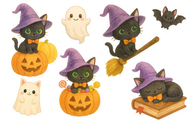 Watercolor Halloween Set with Cute Black Cat, Ghost, Pumpkin, Bat, Witch Hat, Candy and Magical Elements