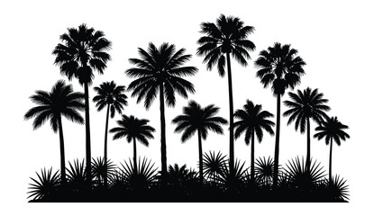 Silhouetted palm trees and tropical foliage on white. Vector illustration.