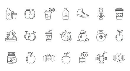 Comprehensive vector outline icons for health, fitness, and nutrition, showcasing gym equipment, healthy food, and wellness symbols for an active lifestyle