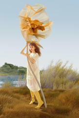 Young Woman Holding a Large Flower in Nature.