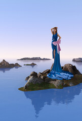 A woman in a blue dress poses gracefully on a rocky island in a serene environment.