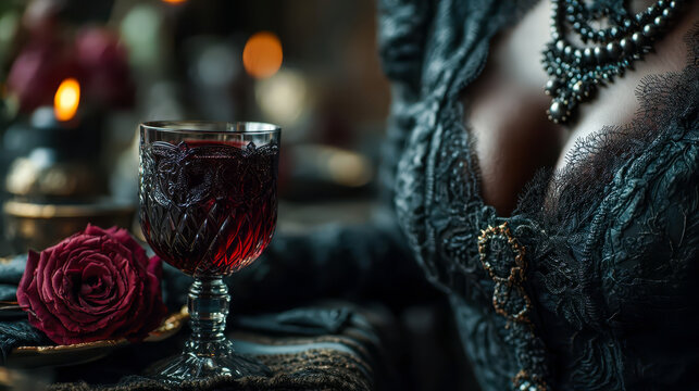 Vampire lady in black lace with a glass of wine at a dinner party