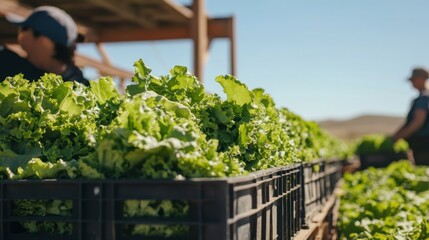 Freshly harvested lettuce in black plastic crates, workers in background, outdoor farm setting