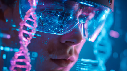 Man in VR Headset Exploring Holographic DNA Model