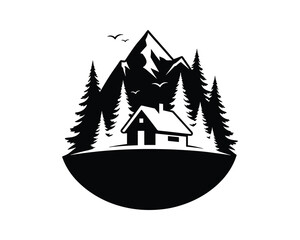 Obraz premium Black and White Vector illustration of mountain with cabin. Landscape with trees and birds silhouette. Nature scenery.