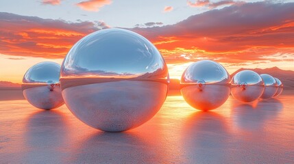 Sunset Reflection: Chromatic Spheres in a Desolate Landscape