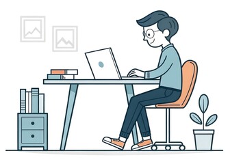 Character Using a Laptop on a Giant Desk Flat Illustration