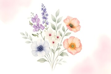 Fototapeta premium Watercolor floral bouquet with anemones, poppies, lavender, and delicate blossoms in pink, purple, white, and peach tones with soft green leaves on white background, elegant hand-painted botanical