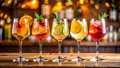 Selection of Five Gin and Tonic Drinks in Wine Glasses on Pub Counter