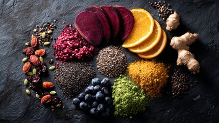 Vibrant circle of six colorful superfoods glowing with natural energy on dark background.
