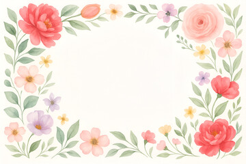 Fototapeta premium Watercolor floral frame with pastel flowers and green leaves on white background, elegant hand-painted botanical border design for invitations, greeting cards, posters, and stationery