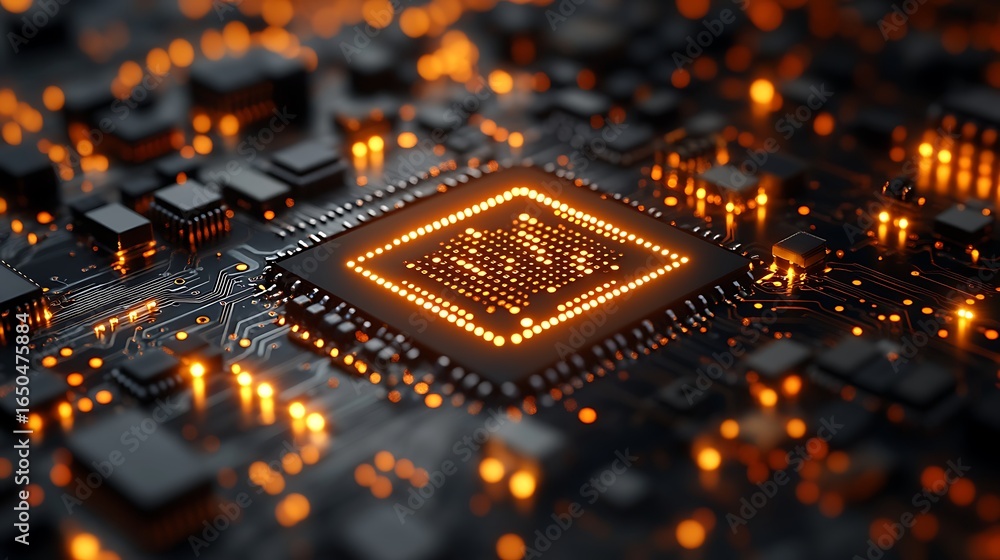 Poster closeup of a glowing computer processor with orange light on a circuit board, representing technolog