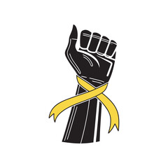  Black hand silhouette gesturing stop sign, yellow ribbon highlighting suicide prevention awareness