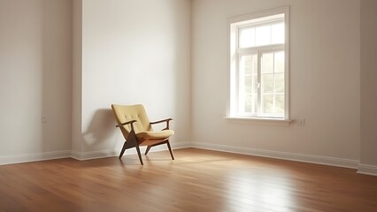 Fototapeta premium Empty living room featuring a mid-century modern chair, bathed in soft natural light for a serene and inviting atmosphere.