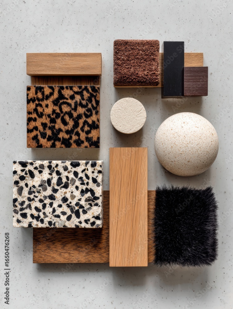 Poster various textured materials arranged artistically on a light background showcasing design potential a
