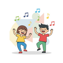 Joyful children dancing to music with colorful notes and abstract shapes, celebrating childhood happiness.