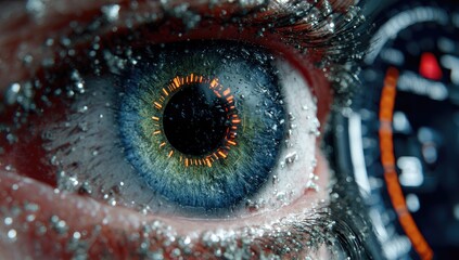 Close-up eye with digital HUD overlay and car dashboard