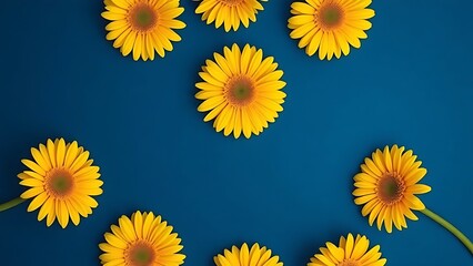 Vibrant yellow gerbera flowers arranged in a circular pattern against a deep blue background.
