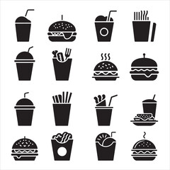 Fast food web icons set solid burger, fries, soda, milkshake, hot drink, popcorn, noodle bowl and snack symbols