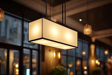 Restaurant pendant light, warm glow, city view