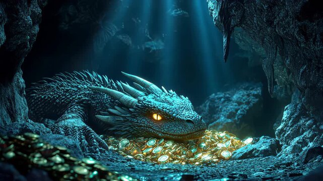 Majestic dragon guarding its treasure in a hidden underwater cave with glowing light rays