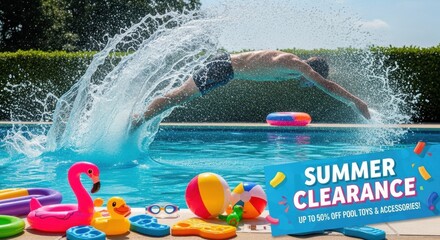Summer Clearance - Man Diving into Pool with Splash, Inflatables, and Sale Sign.