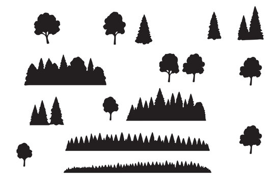 Forest trees set. Isolated vector silhouette. Coniferous forest. Christmas tree, fir-tree, pine, pine-tree, Scotch fir, cedar