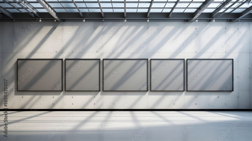 Poster modern art gallery wall with empty frames and natural light streaming creating a stunning visual eff