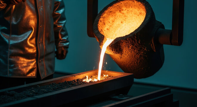 Industrial worker in heat resistant gear supervises hot molten metal pouring from heavy crucible into casting mold under controlled factory conditions