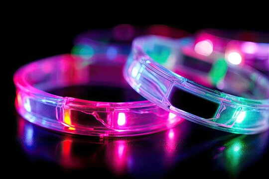 Close-up of two glowing LED bracelets