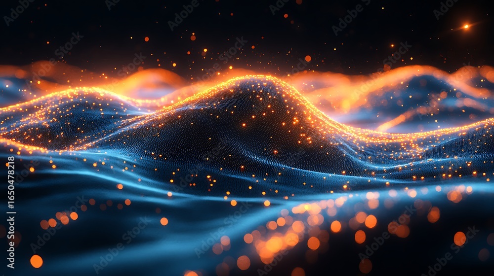 Poster abstract glowing wave of particles with orange light and bokeh effect on a dark background.