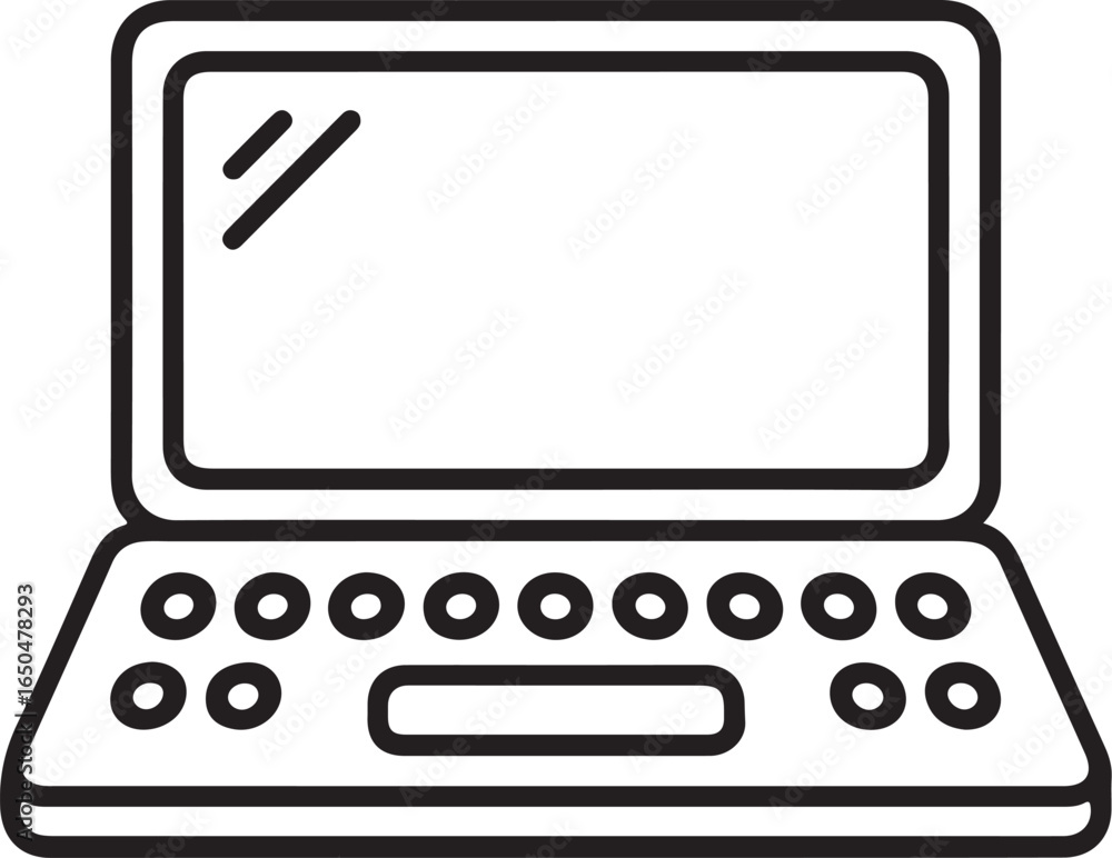 Poster simple line drawing of an open laptop computer on a white background